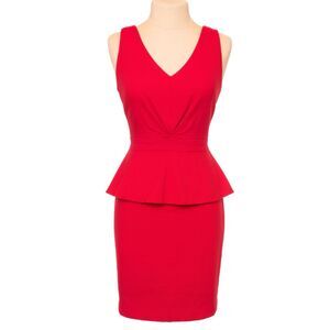 Red Peplum Sheath Cocktail Dress V Neck Sleeveless Size 10 Badgley Mischka